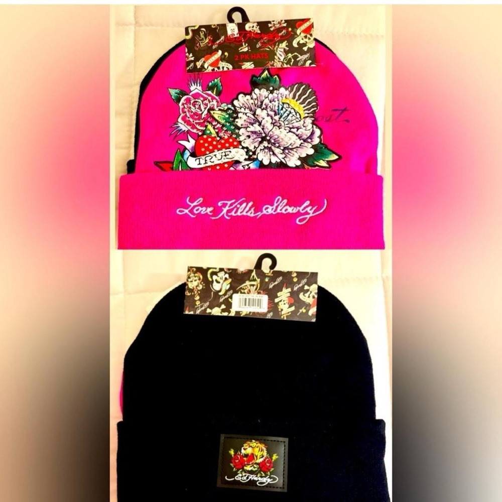 Ed Hardy Set of 2 Women Beanie Hats One Size Skull Flower Sequins Pink/Black NWT
